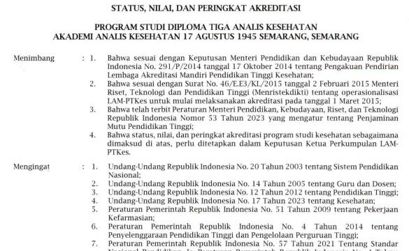 Hasil Akreditasi LAMPTKES  Program Studi D III Analis Kesehatan  AAK 17 Agustus 1945 Semarang  Berdasarkan SK 0837/LAM-PTKes/Akr/Dip/XI/2023 Peringkat Baik Sekali